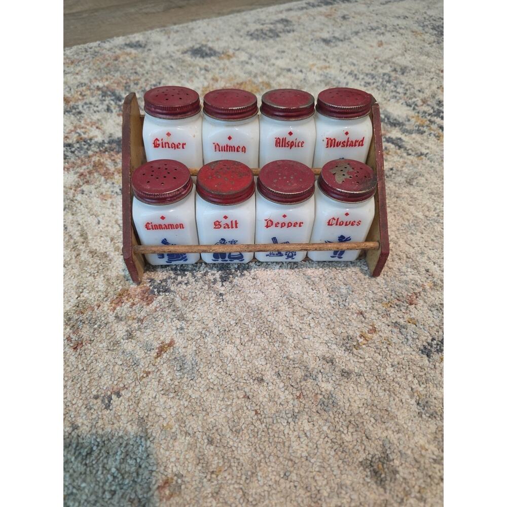 Vintage Frank Tea & Spice Co. Milk Glass Dutch Spice Set - Complete With Rack